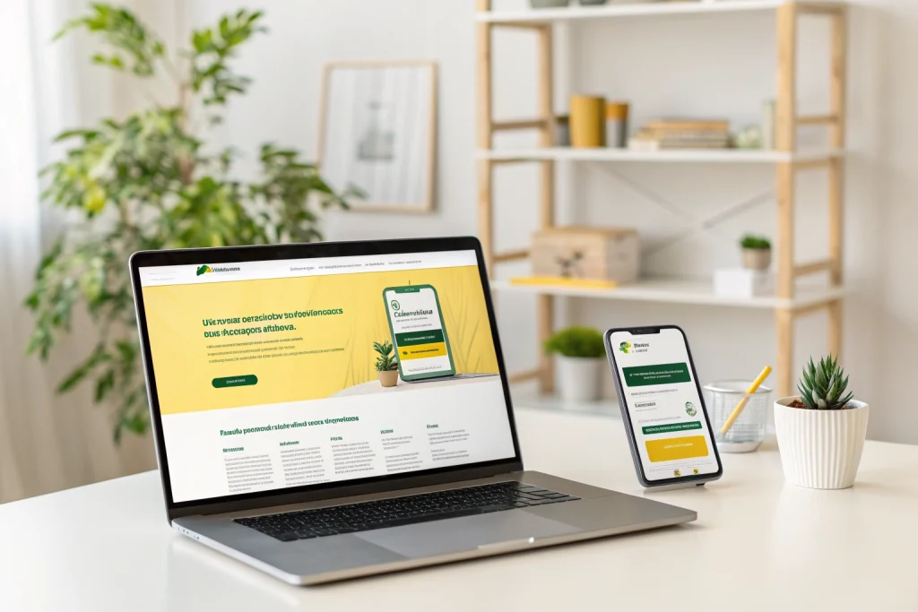 A modern, high-converting landing page displayed on a laptop and mobile device.