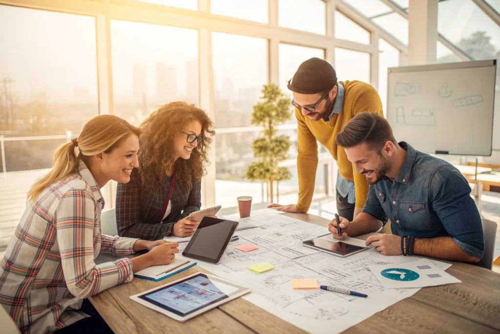 A diverse group of professionals collaborating on a content strategy.