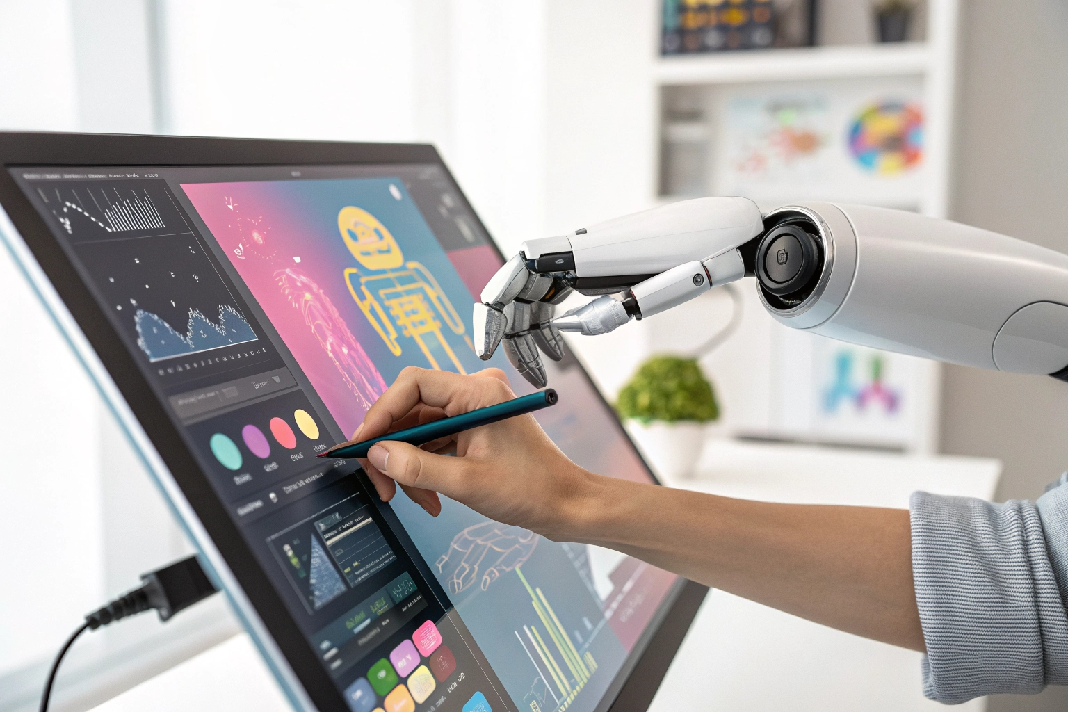 A human hand and a robotic hand collaborating on a digital screen.