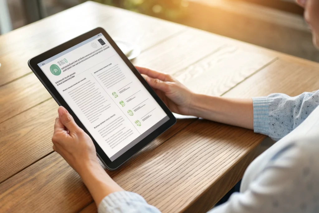 A person reading a clear, helpful article on a tablet.