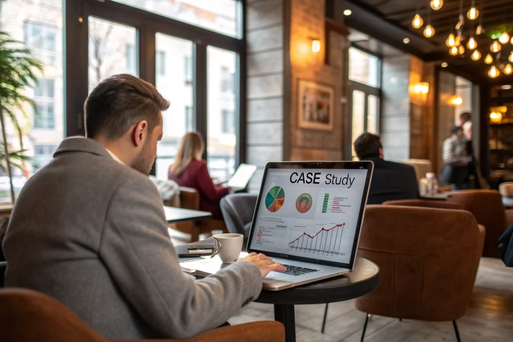 A professional sharing a personal case study on a laptop.